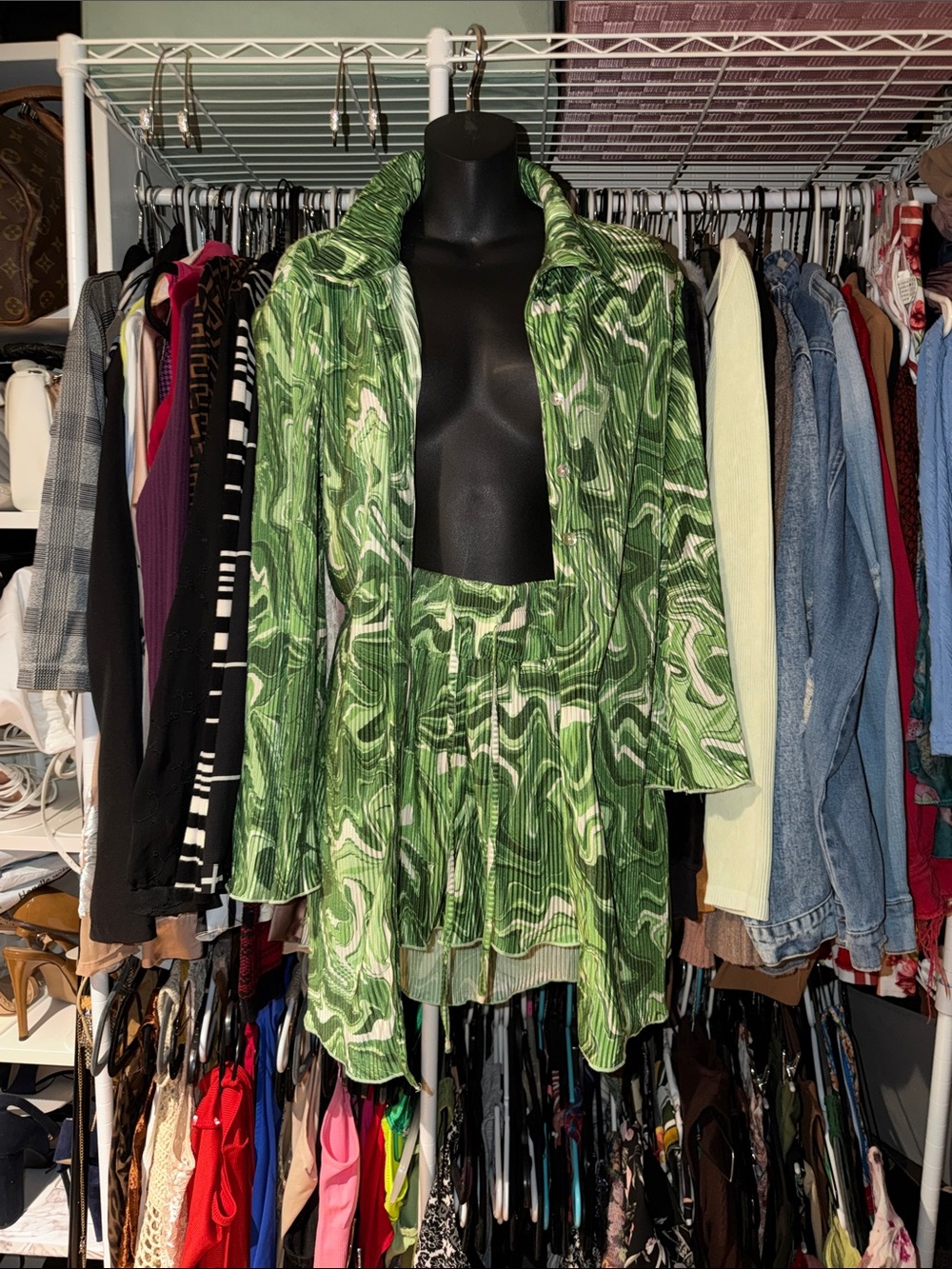 Green Marble Print Women's Jacket and shorts Set